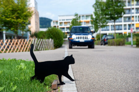 Strassenfigur Katze aus Metall mit Auto